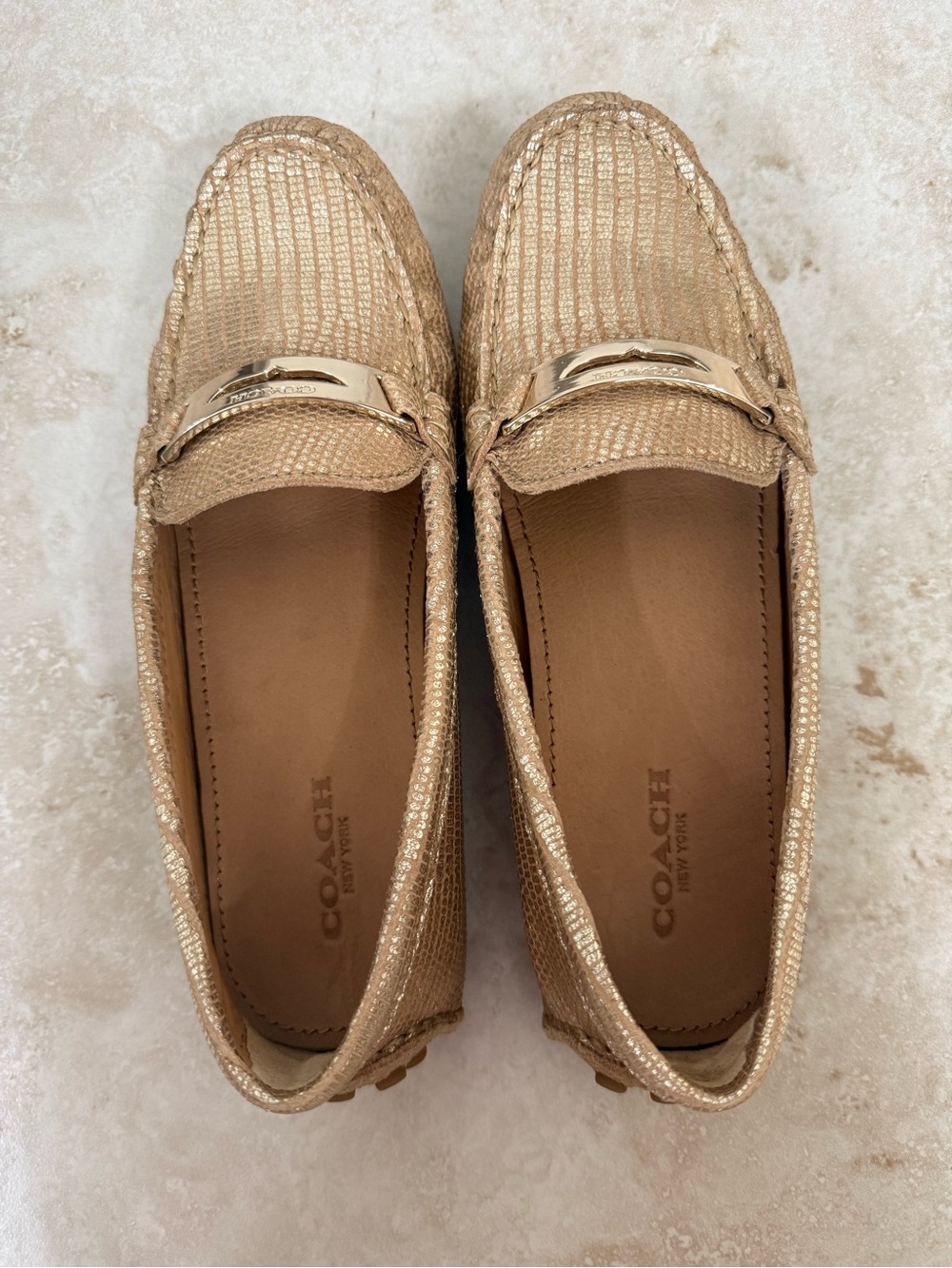 Coach Metallic Gold Driving Loafers with Signature Bit